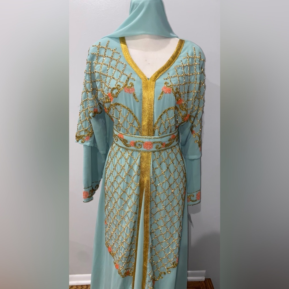 Blue & Gold fully beaded chiffon maxi kaftan with scarf size medium new - Picture 4 of 10